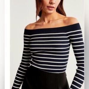 Abercrombie Fitch Striped Navy White Off The Shoulders Sweater Long Sleeve Small